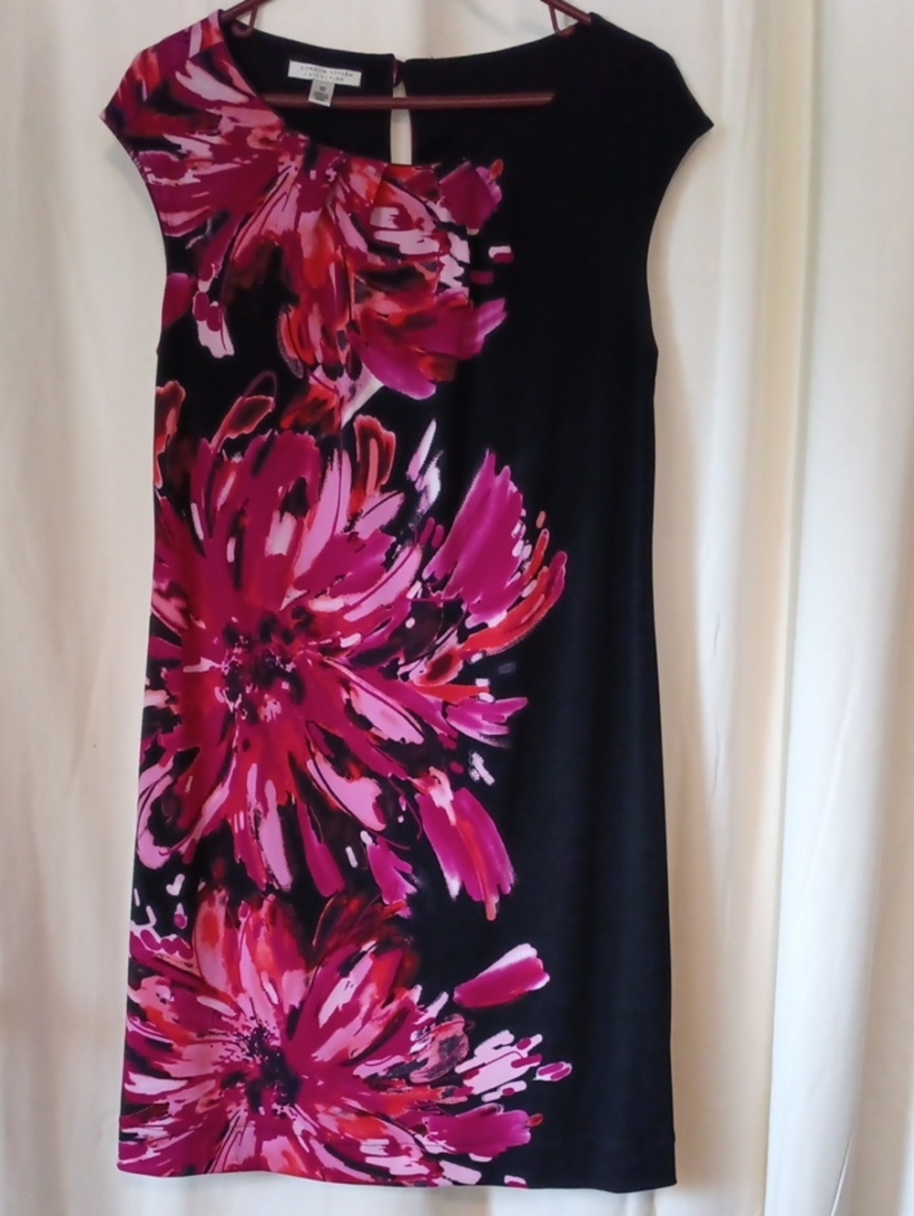 London Style Black Midi Dress with Bold Fuchsia Floral Print